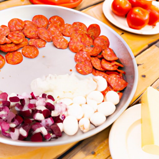 Assorted toppings for a Dutch oven pizza, including cheese, pepperoni, and vegetables.