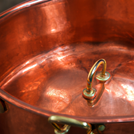 A close-up of a shiny copper cookware pot.